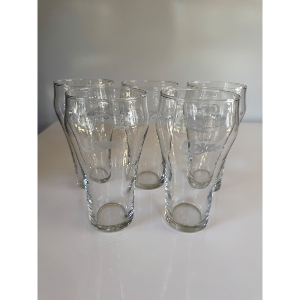 Set of 5 Coca-Cola Clear Glass Tumblers Frosted Logo Bell Shape 6 Inch Tall